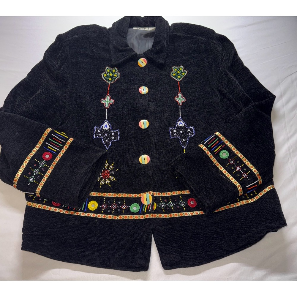 Vintage Chico's Market Beaded‎ Jacket Womens XL Black Beaded Boho Artsy